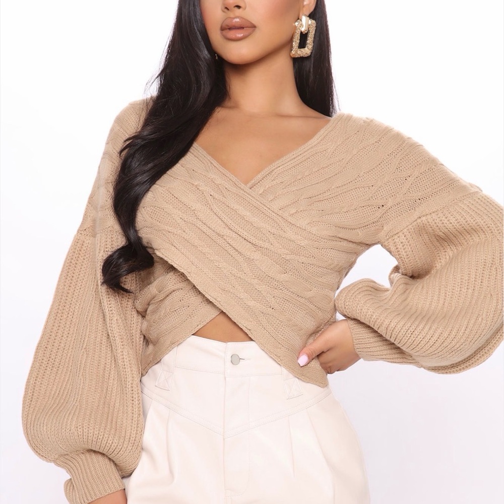 Fashion Nova V-Neck Tan Sweater